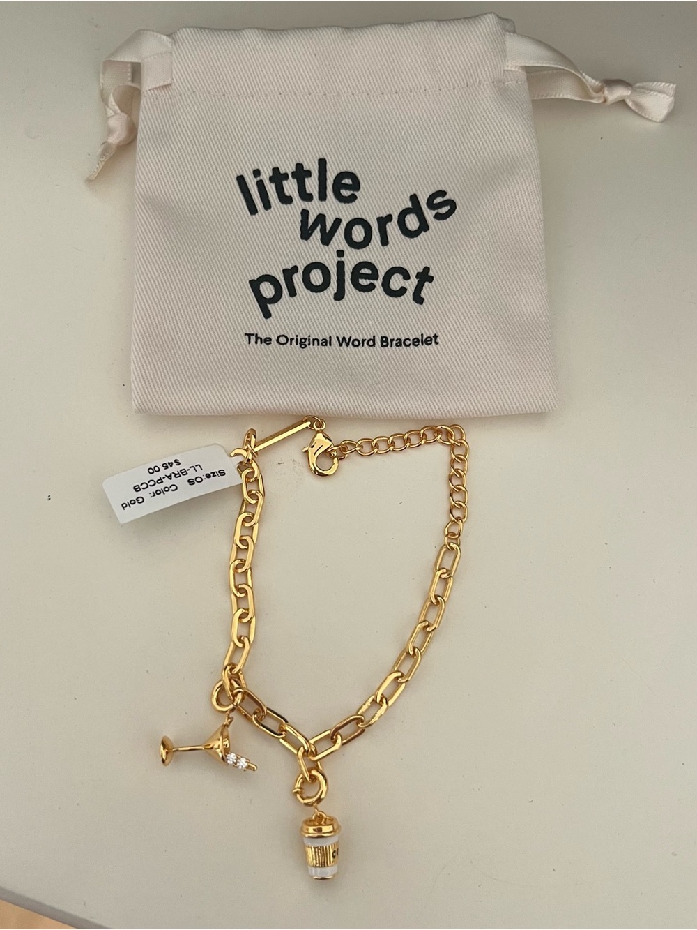 Little Words Project charm bracelet with two charm coffee and martini gold NEW
